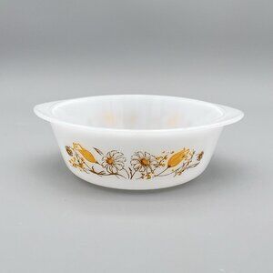 Vintage Glasbake J510 1Qt Handled White Milk Glass Bowl Brown Yellow Flowers